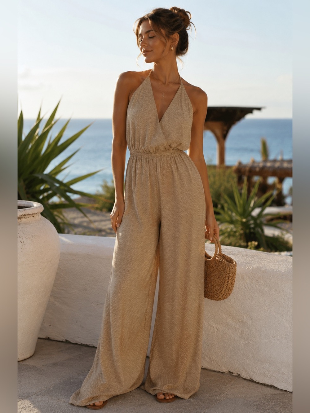 Salgunamu Beige Halter Wide Leg Jumpsuit M